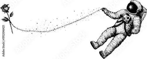 Astronaut floating with tether line and rose in black and white stipple art
