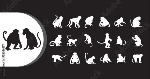 A collection of monkey silhouettes in various poses on a black background