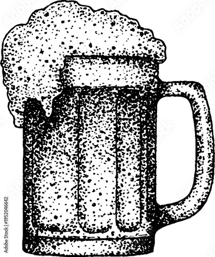 Vintage beer mug with foam top stippling design for pub decor or poster art