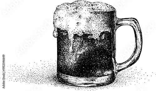 Black and white stippled beer mug with foam top - vintage design for posters and prints