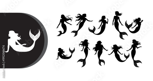 A collection of mermaid silhouettes in various poses on a white background