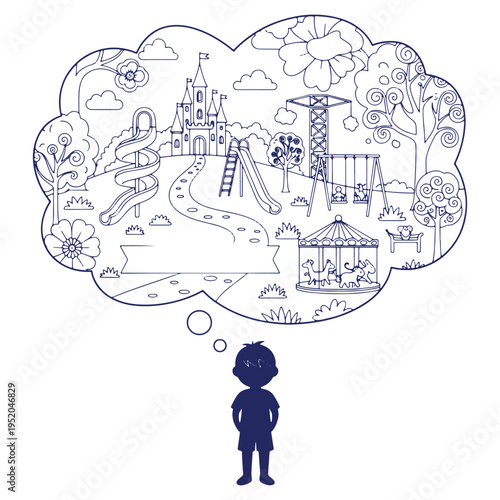 Boy dreaming of a fun playground with castle slides swings carousel trees and happy scenarios for childhood imagination