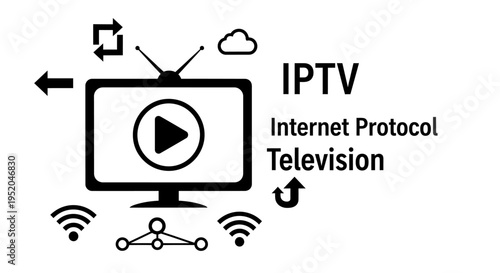 IPTV Internet Protocol Television conceptual illustration. Isolated vector icon set with smart TV, Wi-Fi, cloud, and connectivity symbols on white background.