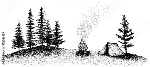 Campfire scene with pine tree forest in stipple art for nature-themed design