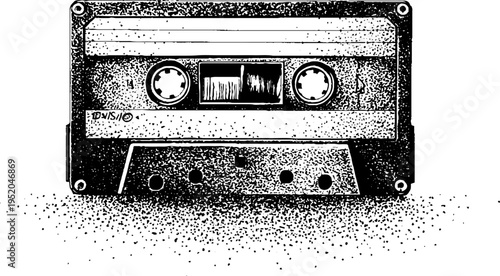 Retro cassette tape in black and white stippling illustration for vintage design and posters