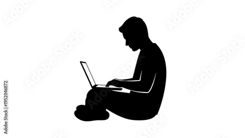 Man using laptop computer silhouette. Isolated vector illustration of person working or studying on the floor.