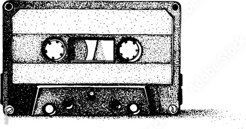 Retro cassette tape stipple art in black and white for vintage design projects