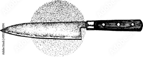 Black and white chef knife with mandala frame in stippled dotwork design