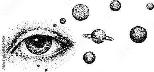 Cosmic eye surrounded by planets in black and white stippling art for design and posters