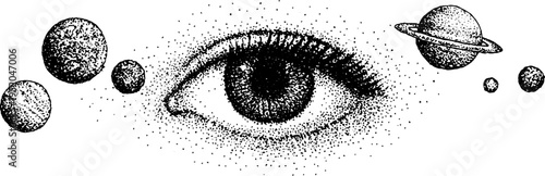 Cosmic eye with planetary surrounding in black and white stippling art - ideal for posters and design