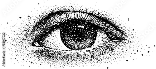 Mystical cosmic eye with stars in black and white stippling art for celestial themed design
