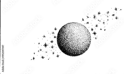 Cosmic sun and stars in black and white stipple art for celestial designs