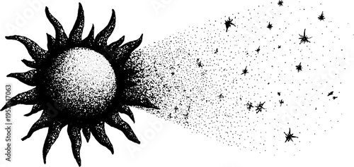 Cosmic sun and stars stipple art in black and white for vintage design