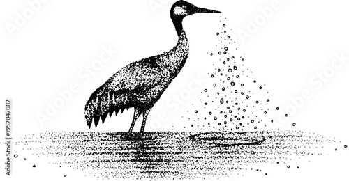 Black and white stipple art of crane standing in water for nature-inspired design