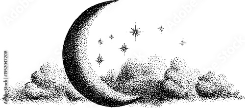 Crescent moon with stars and clouds in vintage stippled design for night sky art