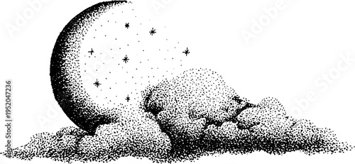 Crescent moon with stars and clouds in black and white stippling art for night sky design