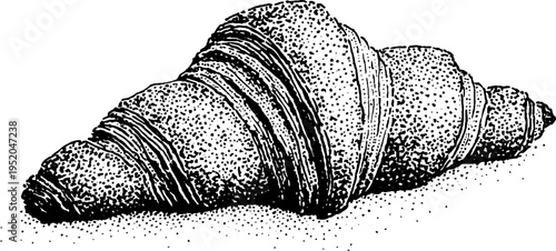 Detailed black and white stipple illustration of a flaky croissant pastry