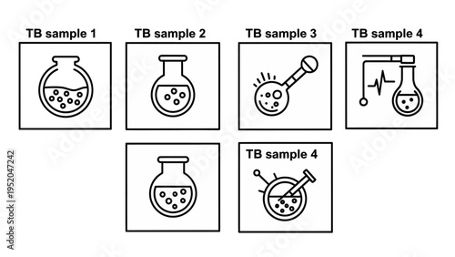 TB (Tuberculosis) sample test icons set, showing different laboratory analysis stages, medical diagnosis concept.