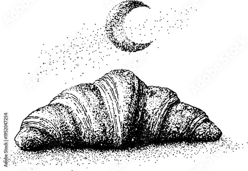 Black and white stipple art of croissant pastry with crescent moon inspired by nighttime dreams