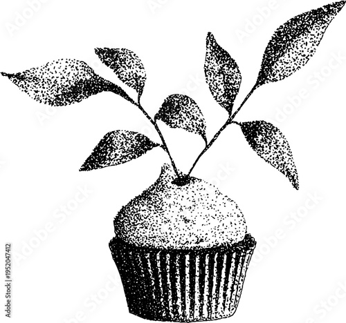 Black and white cupcake with botanical vine frame in stipple art for vintage design