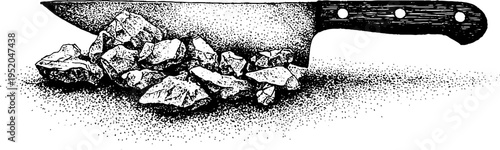 Cutting board with knife and crystal fragments in black and white dotwork design for vintage poster