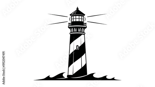 Lighthouse with shining light and sea waves illustration. Nautical beacon black and white vector symbol for navigation, safety, and maritime design.
