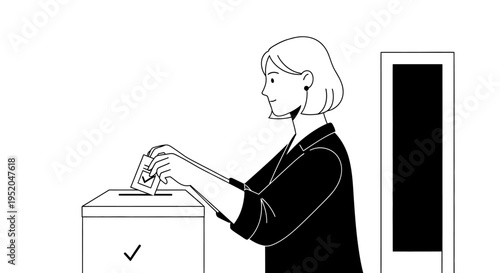 Woman putting ballot paper into a voting box illustration. Election day concept, female voter participating in political democracy. Black and white line art vector.