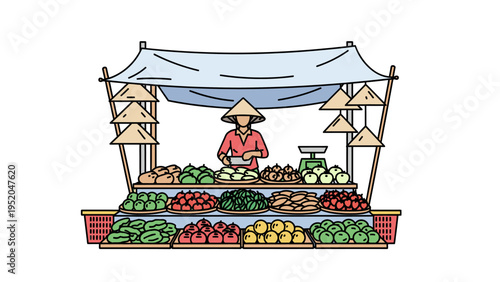 Traditional Asian street market stall illustration. Female vendor in conical hat selling fresh fruits and vegetables at a local outdoor marketplace. Hand-drawn flat line art vector.