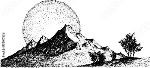 Desert landscape with sacred geometry halo in black and white dotwork for artistic design