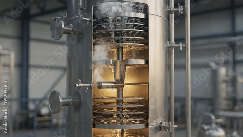 Medium shot of a continuous distillation column featuring tray design capturing the intricate plate stages separating ethanol from fermented wash with industrial precision.