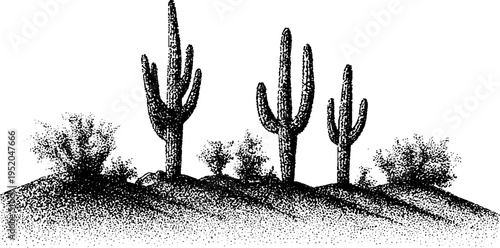 Desert landscape with tall cactus in black and white stipple art for print design