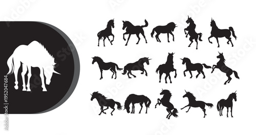 A collection of black and white horse silhouettes in various poses and a unicorn
