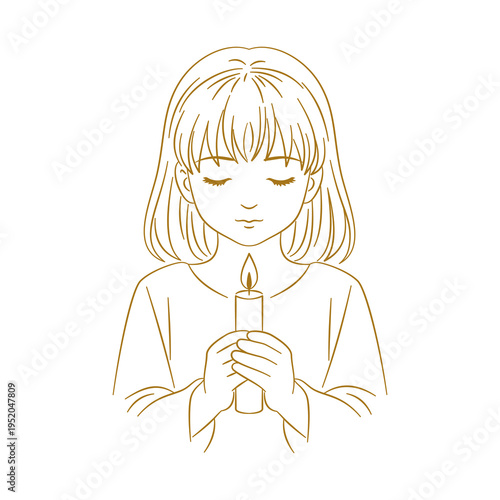 Dziewczynka trzymająca świecę z zamkniętymi oczami — elegancka ilustracja wektorowa.  Dziecko w skupieniu i zadumie, trzymające w dłoniach zapaloną świecę.