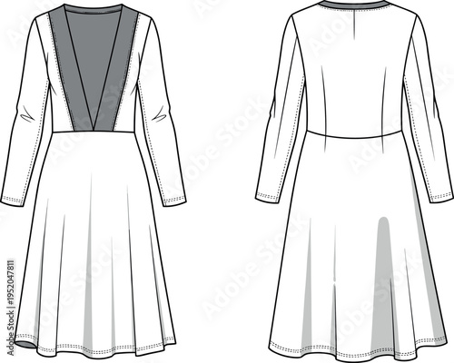 Long sleeve women's knee length skater dress with deep V-neckline panel and flared skirt technical fashion flat vector illustration