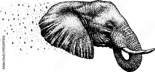 Elephant head with galaxy stars pattern in black and white stipple art - cosmic wildlife design for prints and posters