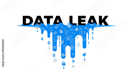 Data leak concept illustration with melting blue liquid and binary code.