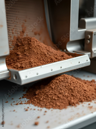 Close medium angle on alkalized cocoa powder separation highlighting adjustable sifters and presses purifying treated cake into uniform velvety fine particles.