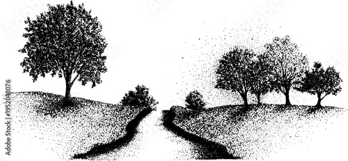 Serene forest landscape with river in black and white dotwork style for art and design