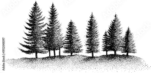 Black and white forest landscape with tall pine trees in stipple effect for nature design