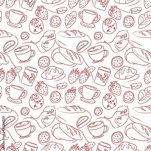 Delightful Breakfast Pattern Featuring Fresh Strawberries, Croissants, Bread, and Coffee Cups