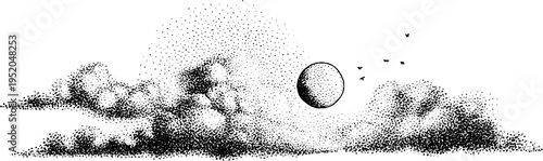 Mystical full moon with drifting clouds in black and white stipple design