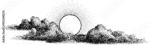 Full moon with drifting clouds in stipple art for vintage design