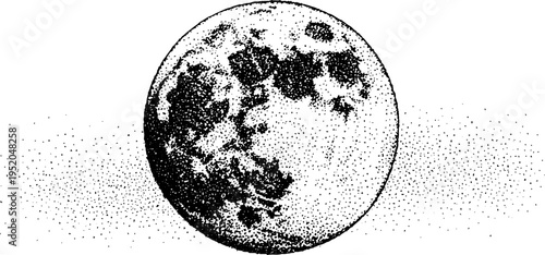 Black and white stippled full moon with crater texture for vintage design