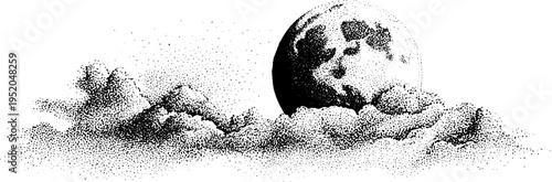 Full moon with clouds in black and white stipple effect - atmospheric night sky design
