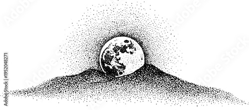 Full moon with crater texture in black and white stippling art for lunar design