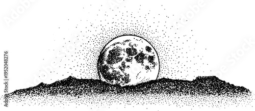 Black and white stippled full moon with crater texture - vintage design for posters and prints