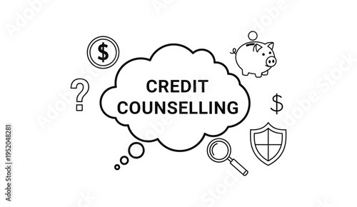 Credit counselling concept illustration with financial icons in outline style.