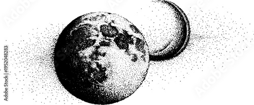 Celestial dance: full moon and crescent in stipple art for design