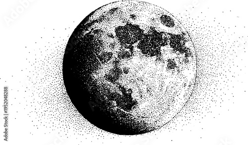 Monochrome stippled full moon with orbiting crescent design for art projects