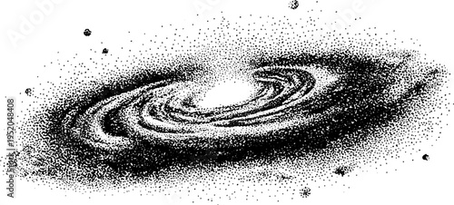 Black and white spiral galaxy in stippling technique for art and design projects
